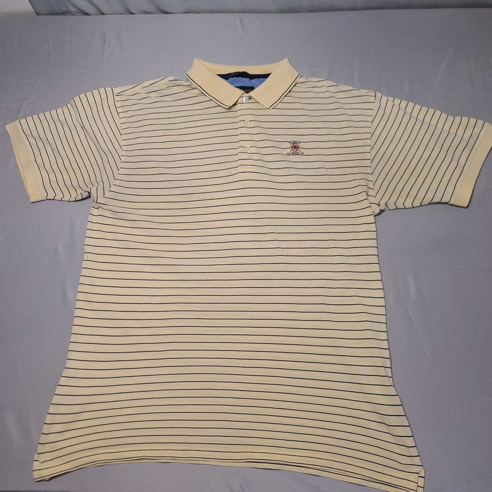 Vintage Tommy Hilfiger Golf Polo Shirt Mens L Cream Striped Distressed Crest